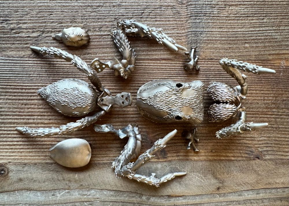 An array of bronze animal parts laid out on a wooden table. In your mind, you might be able to put this together into a cute jumping spider, but right now… poor guy!