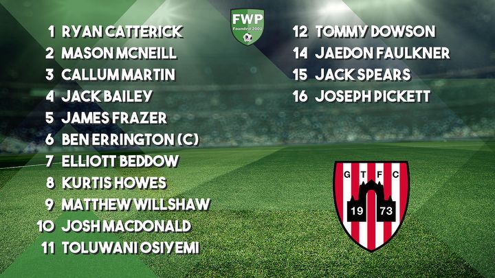 GUISBOROUGH TOWN: Catterick McNeill Martin Bailey Frazer Errington (C) Beddow Howes Willshaw MacDonald Osiyemi; SUBS: Dowson Faulkner Spears Pickett