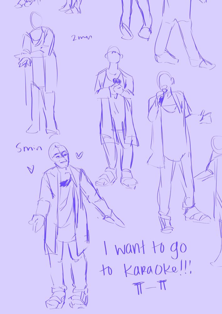 gesture drawings of a person in a long cardigan holding a microphone, singing into it, and bowing. handwritten text reads “i want to go to karaoke!!”
