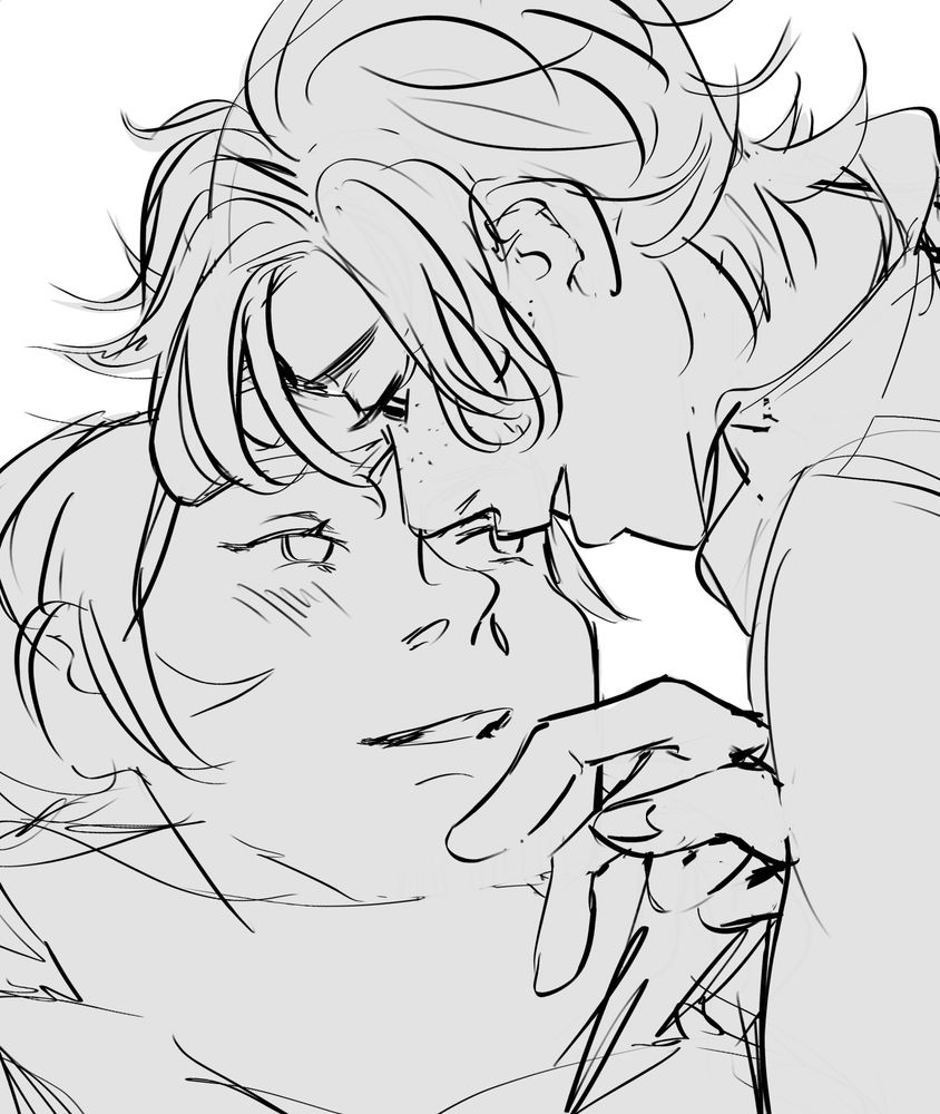 nikolaus leaning over logan and brushing the back of his finger over logan’s chin. nikolaus has a fond and sentimental expression looking down at him. logan is laying on his back looking up at niko with a soft smile and flushed cheeks