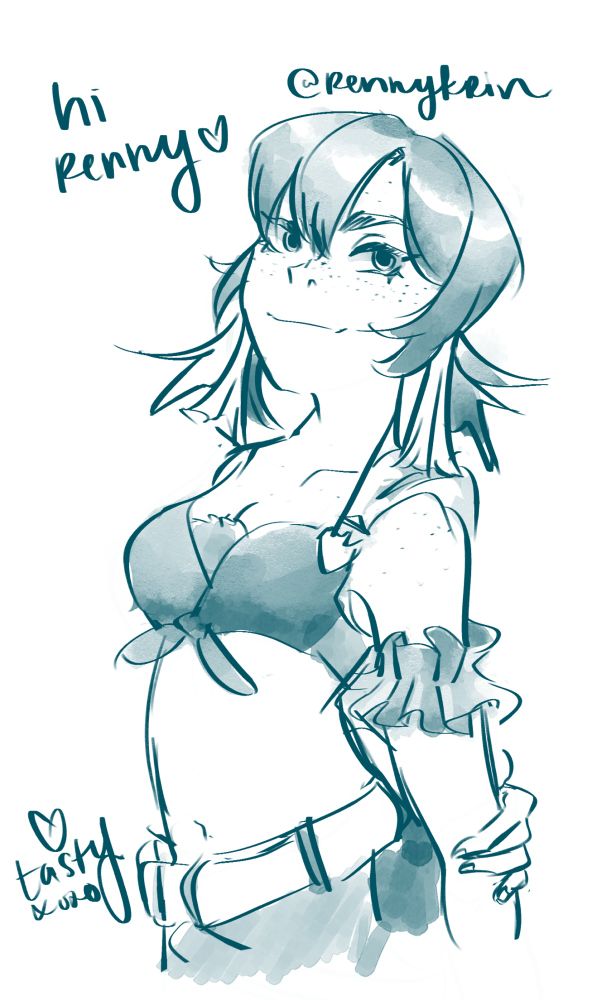 hi renny
renny’s builder with her hand holding her elbow behind her back and smirking at the viewer