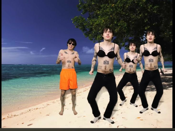 4 edited versions of kurtis conner at the beach, one version is of him in bright coral swim shorts and sunglasses, holding his thumbs up. the other three versions seem to be dancing, wearing black sweatpants and very badly edited bikini top