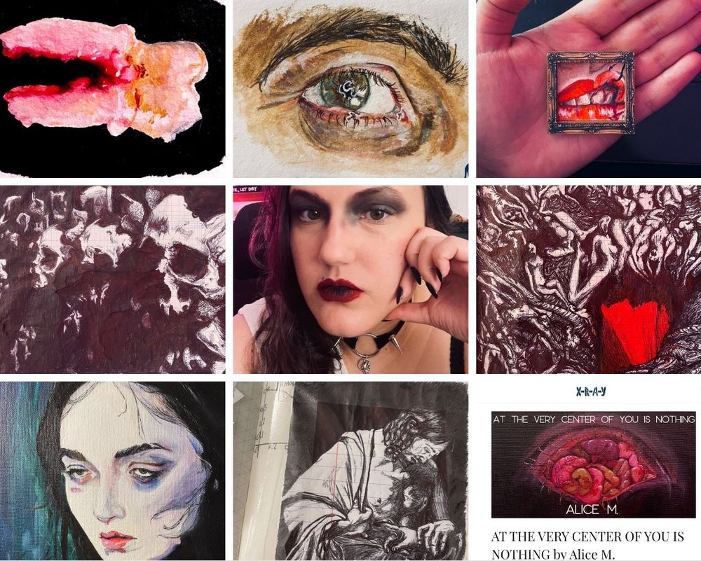 a spread of art i made, mostly this year, around my face in the centre
