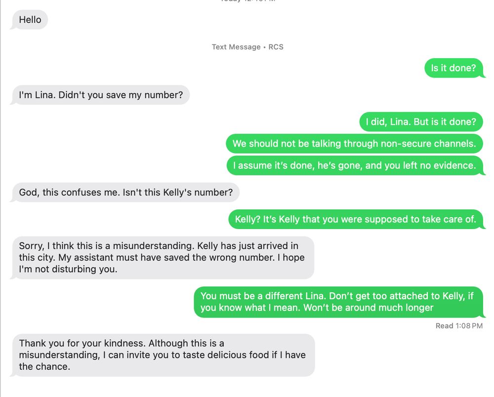 Text string trolling a spammer by pretending that the spammer is an assassin