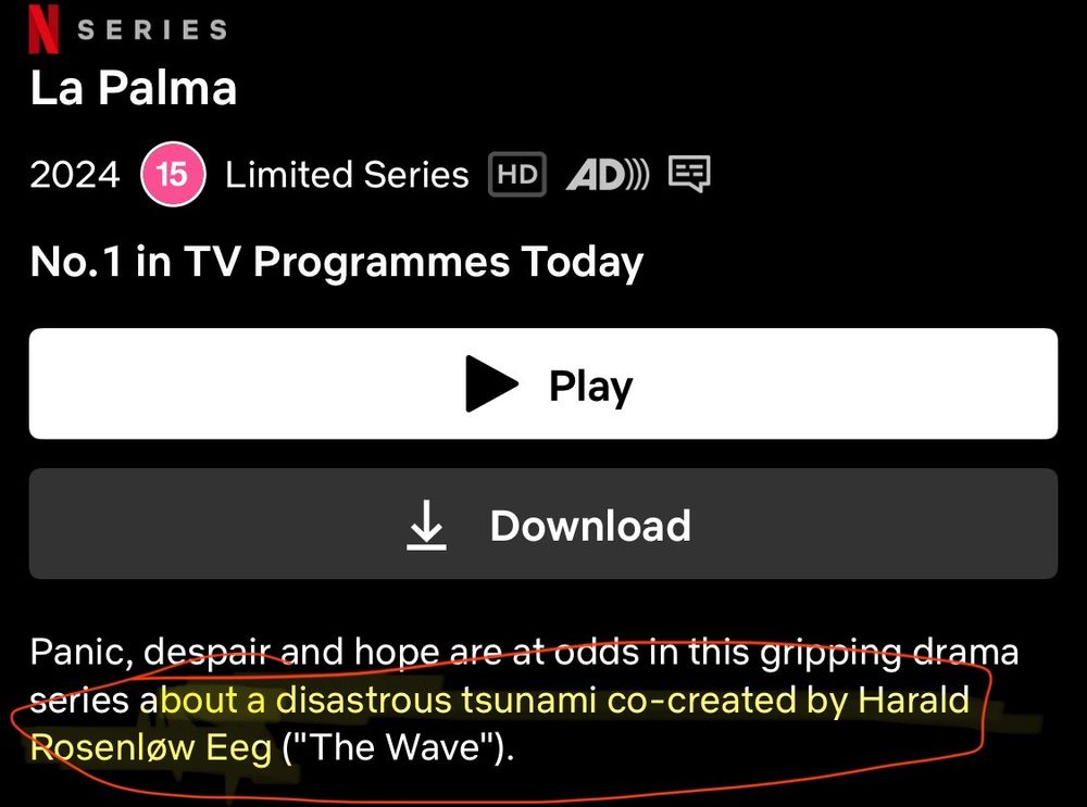 Netflix screenshot:
La Palma 2024

Panic, despair and hope are at odds in this gripping drama series about a disastrous tsunami co-created by Harald Rosenlow Eeg ("The Wave").