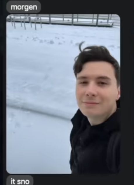 a zoomed in screenshot of a text between Dan and Phil. All three messages are from Dan. The first reads “morgen”. The second is a selfie of Dan Howell standing in the snow. The third reads “it sno” 