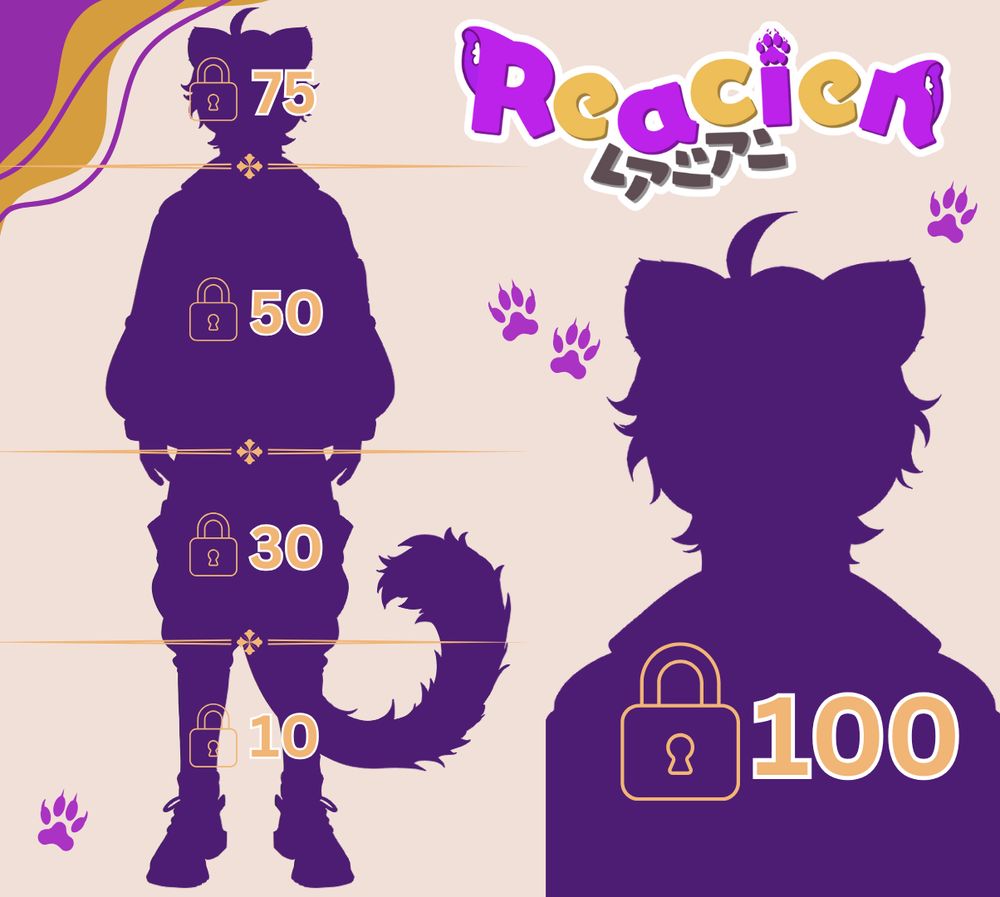 A promotional image featuring a silhouette of my VTuber model, marked with tiered unlock levels. The silhouette shows distinctive cat ears, a fluffy tail, and a dynamic pose. Unlock levels are labeled at different heights along the silhouette: "10," "30," "50," "75," and "100," each accompanied by a lock icon. At the top, the text "Reacien" is displayed in bold, colorful letters with paw prints integrated into the design. Purple paw prints and decorative swirls adorn the background.
