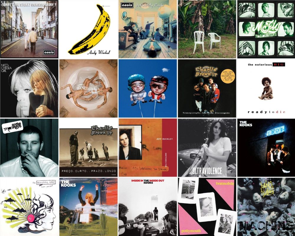 collage of album covers, in order: what's the story morning glory by oasis, the velvet underground & nico (self-titled), definitely maybe by oasis, debí tirar mas fotos by bad bunny, radio:active by mcfly, chelsea girls by nico, baño maría by catriel and paco amoroso, papota by catriel and paco amoroso, transpiração contínua prolongada by charlie brown jr, ready to die by the notorious b.i.g., whatever people say i am that's what i'm not by the arctic monkeys, preço curto prazo longo by charlie brown jr, sketches for my sweetheart the drunk by jeff buckley, ultraviolence by lana del rey, konk by the kooks, learn yourself by the beautiful girls, junk of the heart by the kooks, inside in inside out by the kooks, pottymouth by bratmobile, spanking machine by babes in toyland