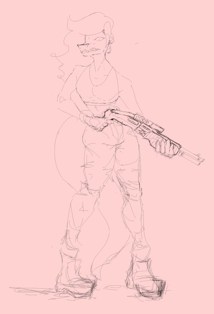 Anthropomorphic Alligator 'Kassy', Standing and looking over while holding a shotgun.