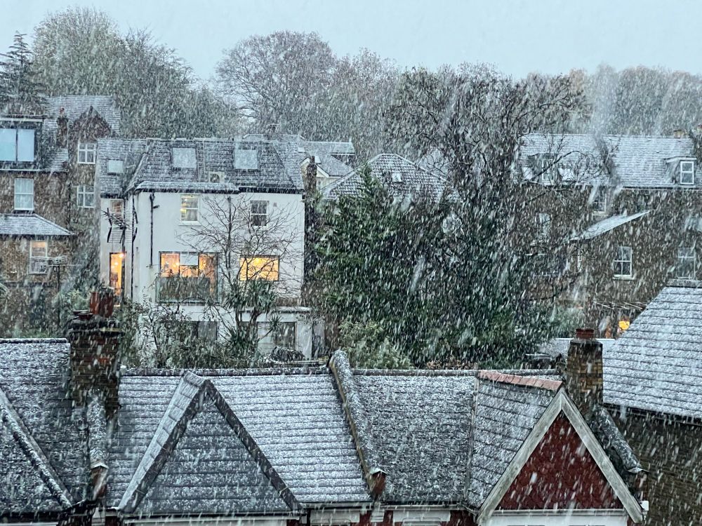 Snowfall over the roots in a London suburb 