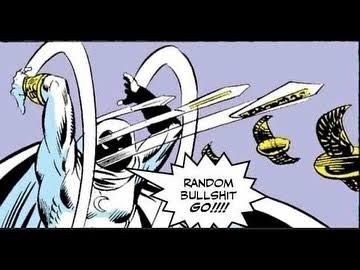 Edited panel from Moon Knight in a comic. He's tossing several throwing weapons with haste. Yes, this is the image where he's yelling "Random Bullshit GO!!!!"