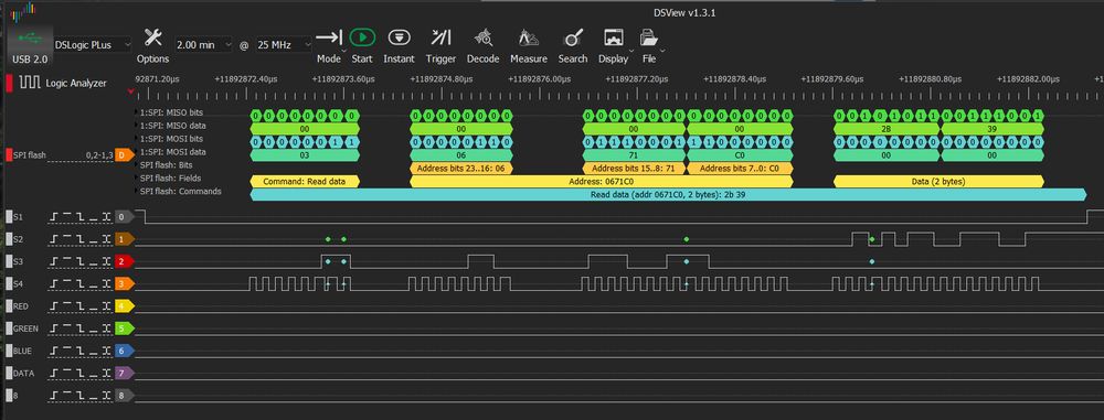 A partial screenshot of the DSView application. It's zoomed in on a single SPI transaction and shows the signals for the data and clock lines as well as the decoded address and data values.