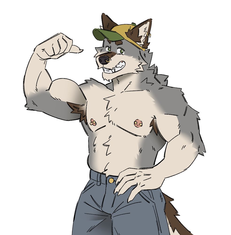 Drawing of my Werewolf OC, Travis, wearing blue jeans and a yellow/green baseball cap. He has a nose piercing, ear piercing and both nipples pierced. He has his right arm flexing and his left arm on his hip while smiling a big grin.