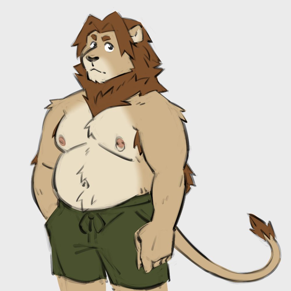 A chubby anthropomorphic lion man in green shorts