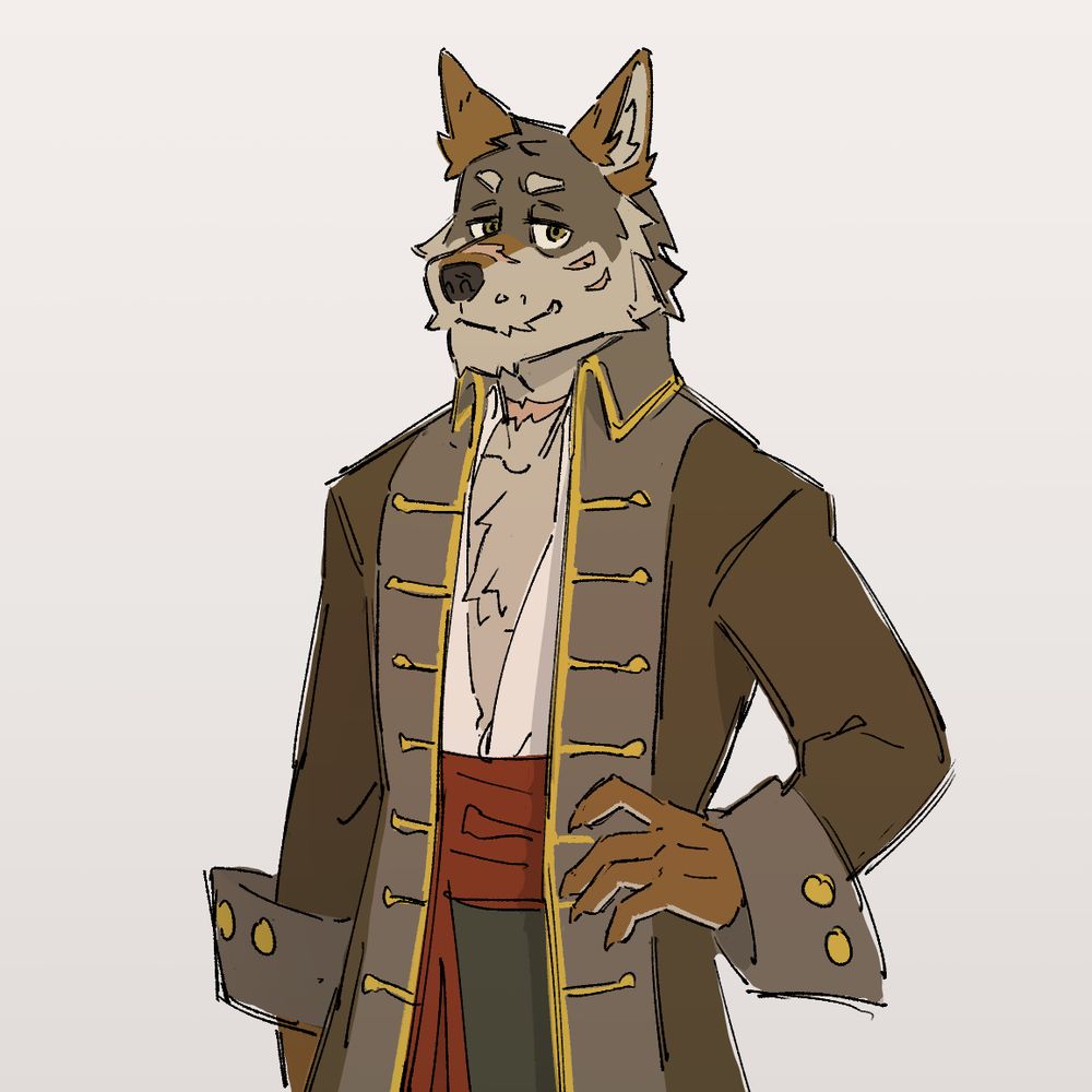 My DnD character, Harry Hawkins, who is an anthropomorphic coyote with a couple small scars on his fast and one large one on his neck, and he is wearing a brown frock coat with gold trimmings, and open white shirt underneath and a red sash around his waist.