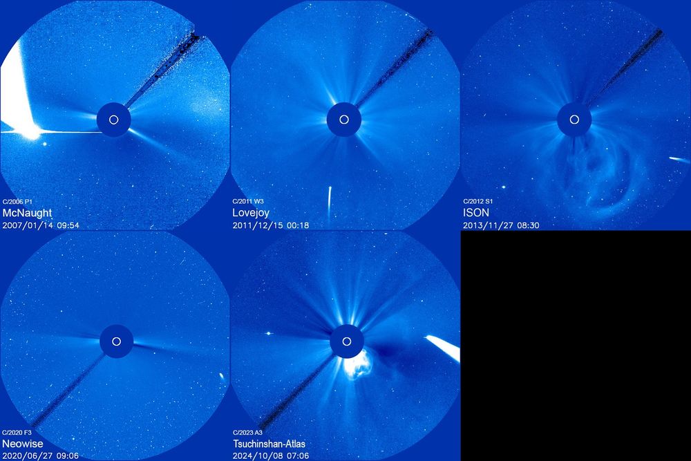 Five bright comets are compared in these panels, recorded by a coronograph on board the long-lived, Sun-staring SOHO spacecraft. Arranged chronologically all are recognizable by their tails streaming away from the Sun at the center of each field of view, where a direct view of the overwhelmingly bright Sun is blocked by the coronagraph's occulting disk. Each comet was memorable for earthbound skygazers, starting at top left with Comet McNaught, the 21st century's brightest comet (so far). C/2023 A3 Tsuchinshan-Atlas, approaching its perihelion with the active Sun at bottom center, has most recently grabbed the attention of comet watchers around the globe. By the end of October 2024, the blank 6th panel may be filled with bright sungrazer comet C/2024 S1 Atlas. ... Or not, as C/2024 S1 Atlas may actually disintegrate.