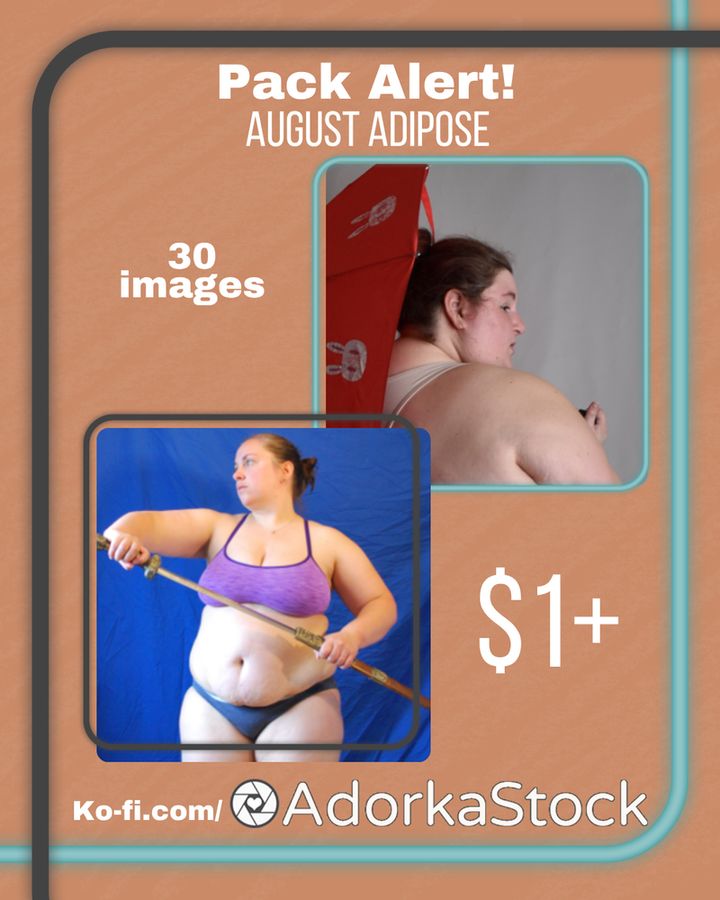 Majority orange image that reads "Pack alert! August AdiPOSE! 30 images, $1+, ko-fi.com/adorkastock" featuring an image of a fat white woman holding a red umbrella, and a fat white woman drawing a sword.