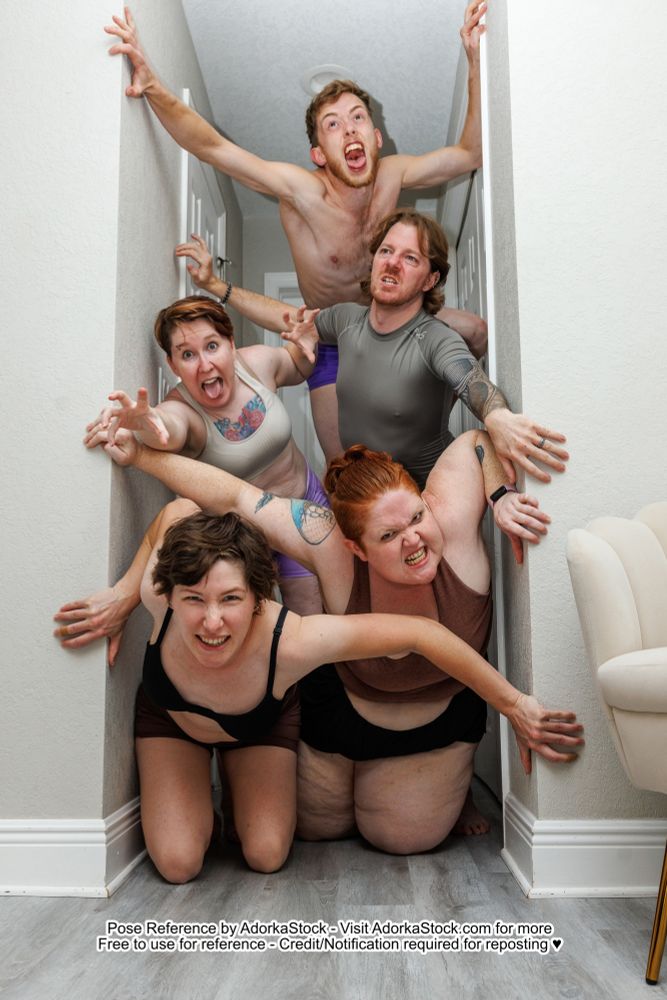 five pose reference models crammed into a tiny hallway attempting to emerge monsterously 