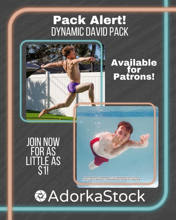 Majority grey graphic that reads "Pack alert! Dynamic David Pack. Available for Patrons! Join now for as little as $1! Adorkastock" and feature two images of an athletic white man jumping and swimming.