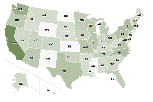 a map of the US highlighting US states that have been shipped to 