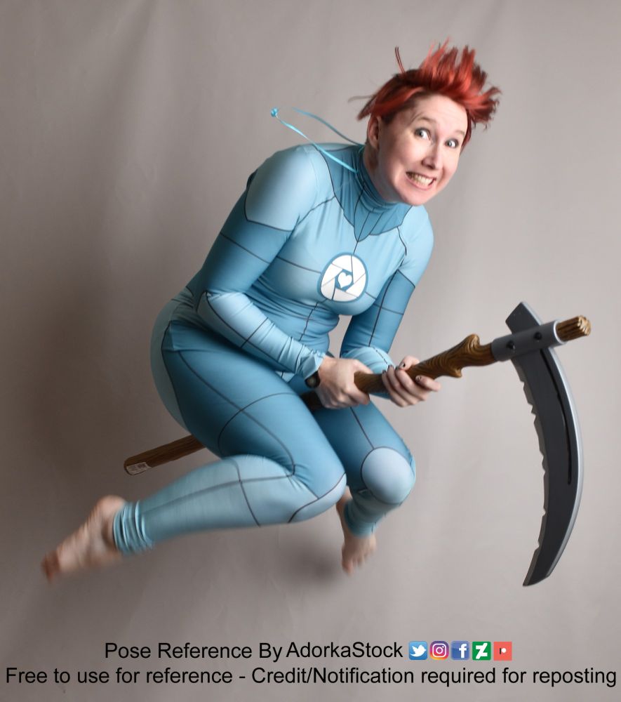 pose reference model riding a scythe like a broom and smiling a bit wildly 
