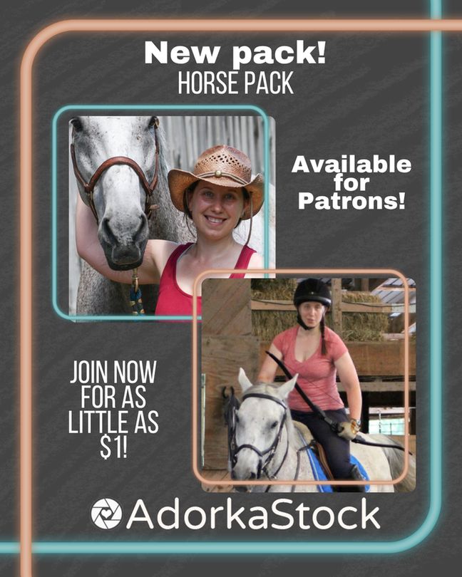 Majority grey graphic that reads "new pack! Horse pack! Available for Patrons! Join now for as little as $1!" and includes images of a white woman with a white/grey horse.