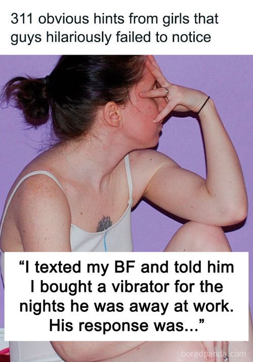 photo of adorkastock facepalming with the text "311 obvious hints from girls that guys hilariously failed to notice" and "I texted my BF and told him I bought a vibrator for the nights he was away at work. His response was..." 