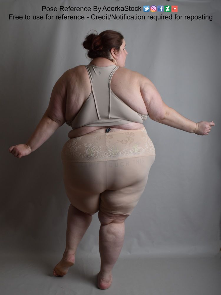 Pose reference of a fat, white, female model in a back facing pose, weight shifted onto the right foot, with both arms out, hands in fists, looking slightly over her right shoulder.