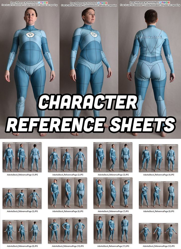 Preview sheet that says "Character Reference Sheets" featuring a white woman standing in an aqua body suit.
