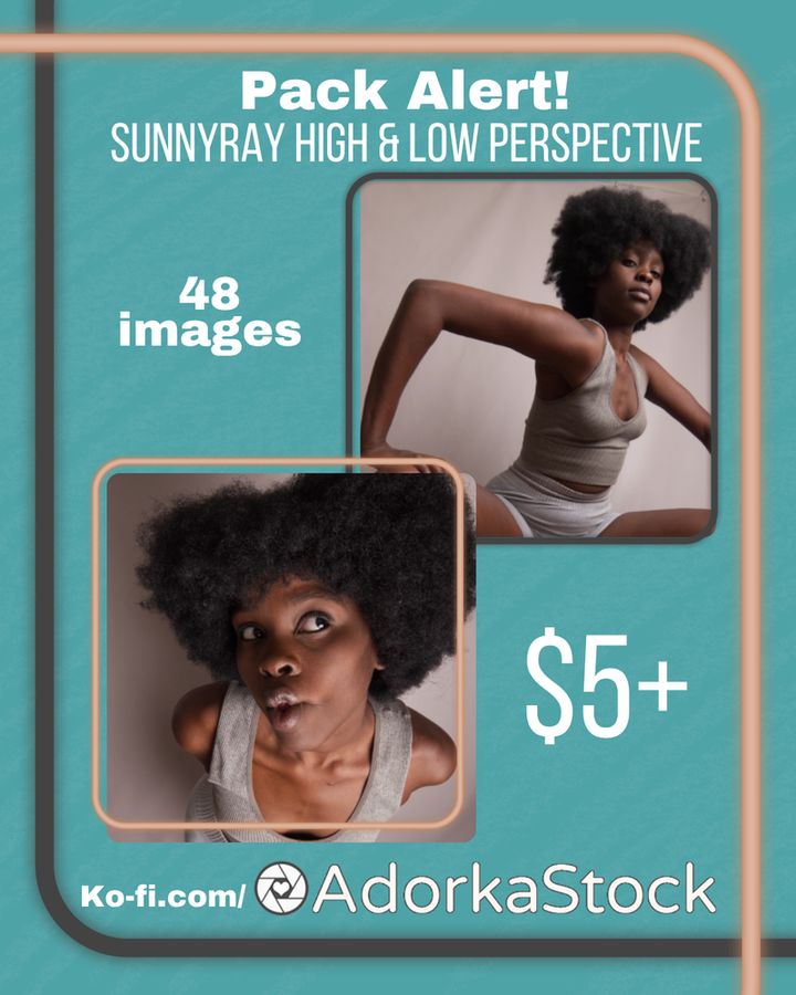 Majority aqua image that reads "Pack alert! SunnyRay high & Low perspective, 48 images, $5+, ko-fi.com/adorkastock" featuring a high and low perspective Black model.