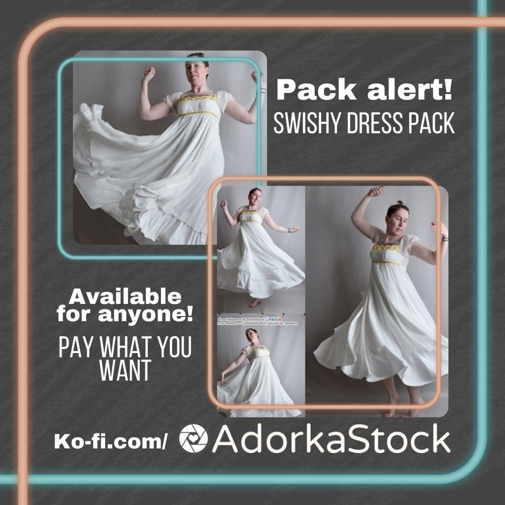 Grey graphic with two photographs of a thin white woman wearing a swishy white Serenity style dress. Text reads "Pack alert! Swishy dress pack" and "Available for anyone! Pay what you want Ko-fi.com/Adorkastock"