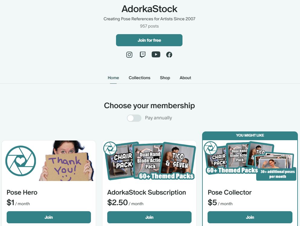 AdorkaStock Patreon with three tiers for $1, $2.50, and $5