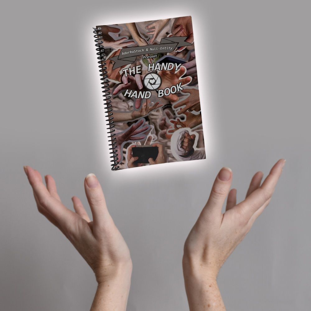 Hands raised from the lower part of the image with palms up, fingers spread, in supplication to the haloed, floating image of The Handy Hand Book, references for artists.