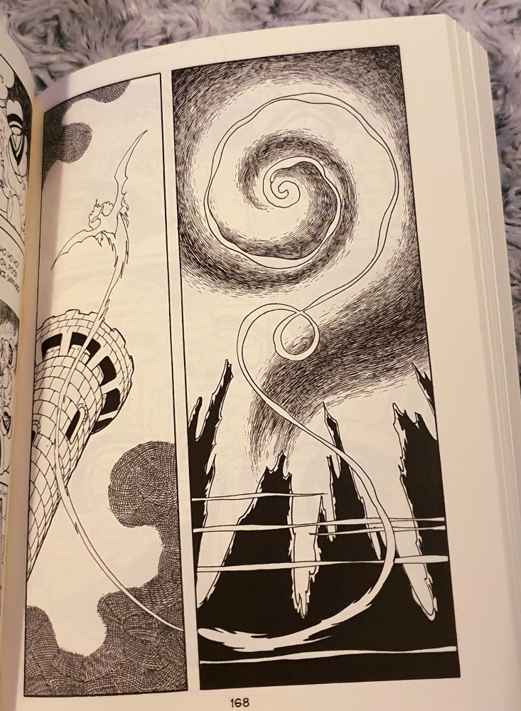 Mangasivu, lentävä otus yötaivaalla lähestyy linnan tornia