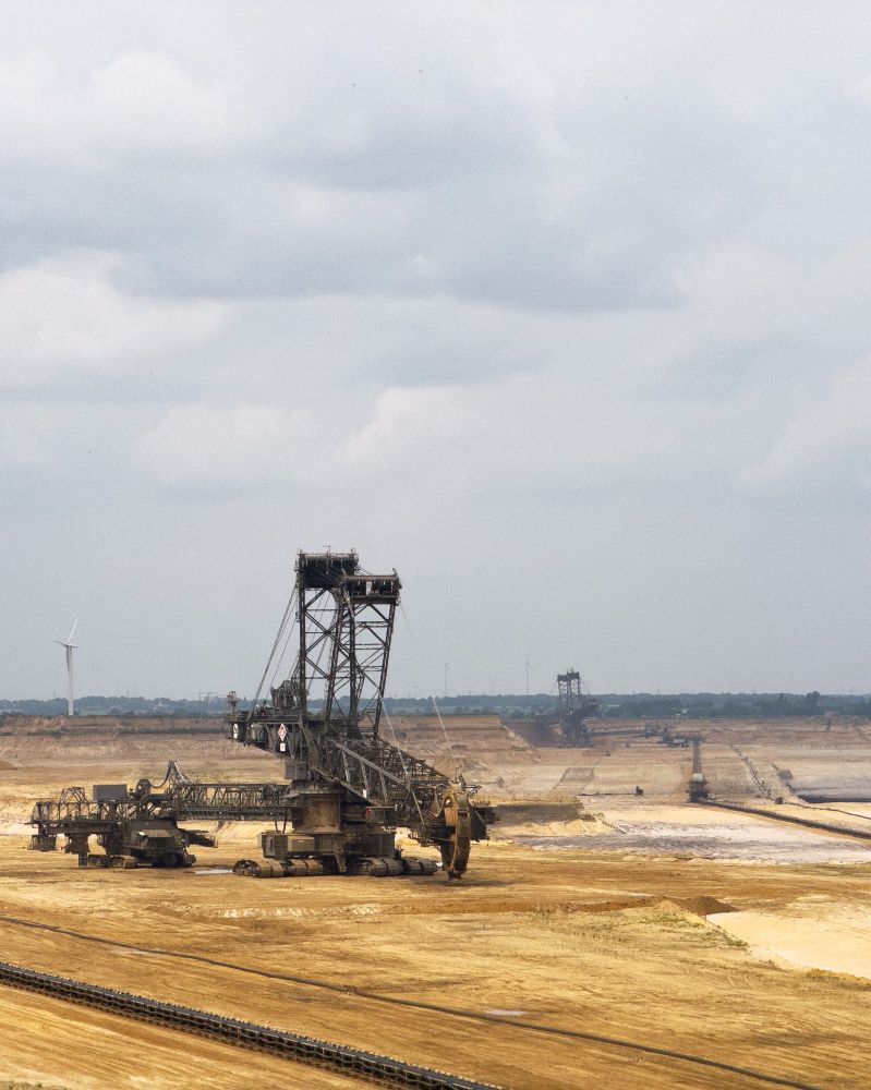 A bucket wheel excavators viewed from the Jackerath Garzweiler Skywalk in Jüchen, Germany