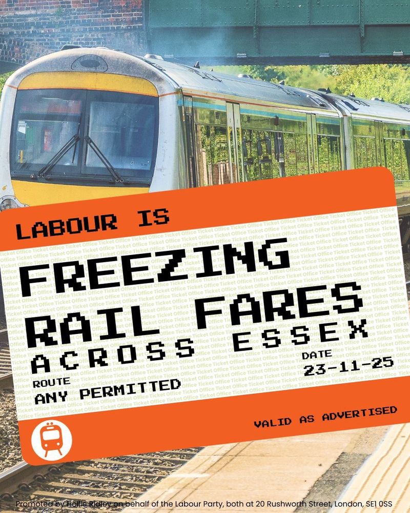 Image of a train ticket with the words Labour is freezing rail fares across Essex