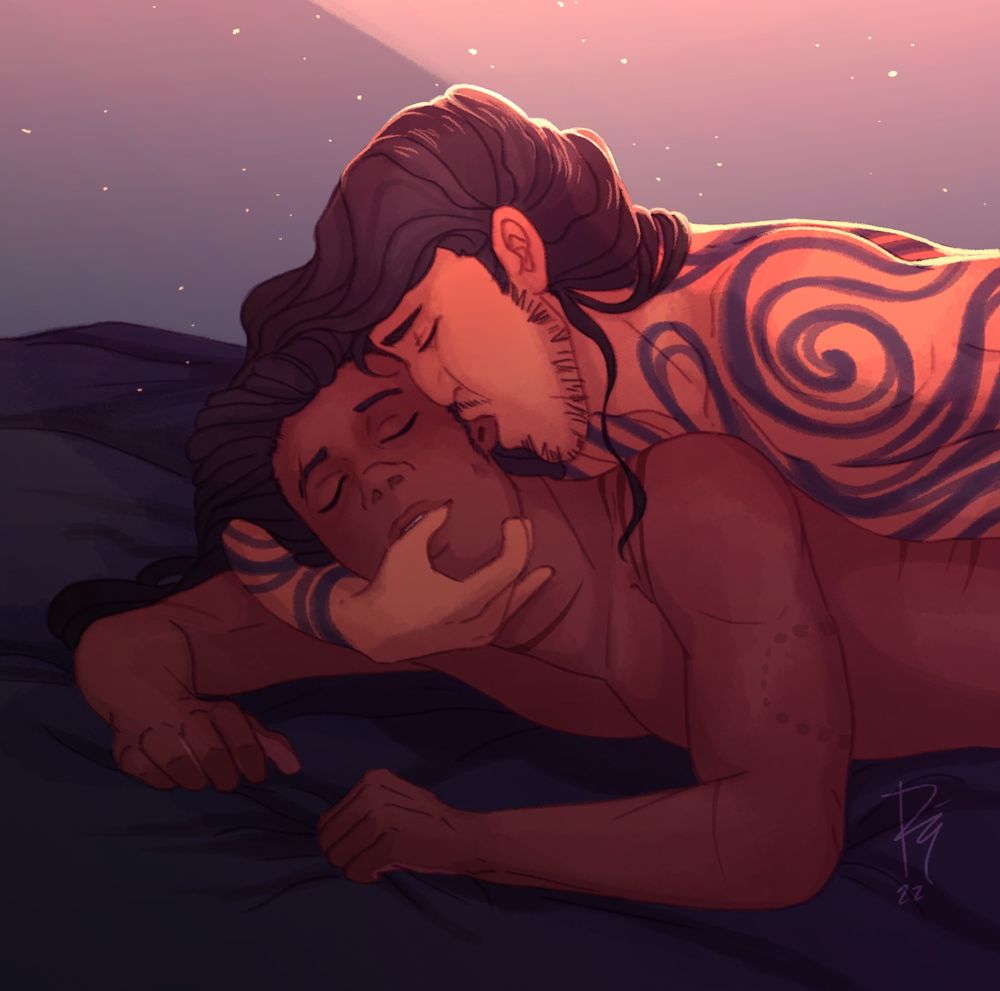 tastefully cropped illustration of hartline holding reynin from behind