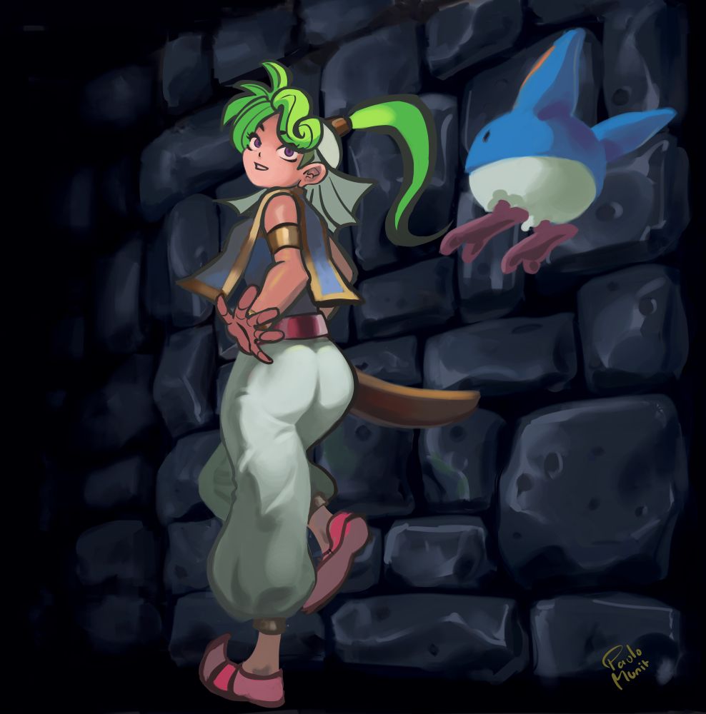 Asha and Pepelogoo seeing from side-to-back, she's happily looking back to Pepe who's floating near her. There's a blueish dungeon wall as background.