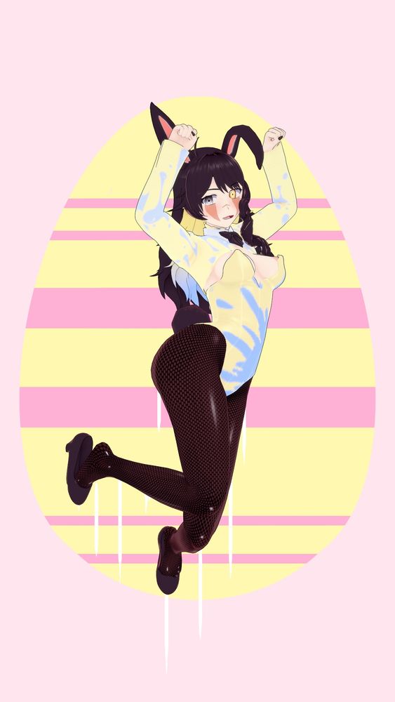 Vtuber Marielle Orelia in a Bunny Suit themed around Easter jumping in the air and making bunny ears with her hands 