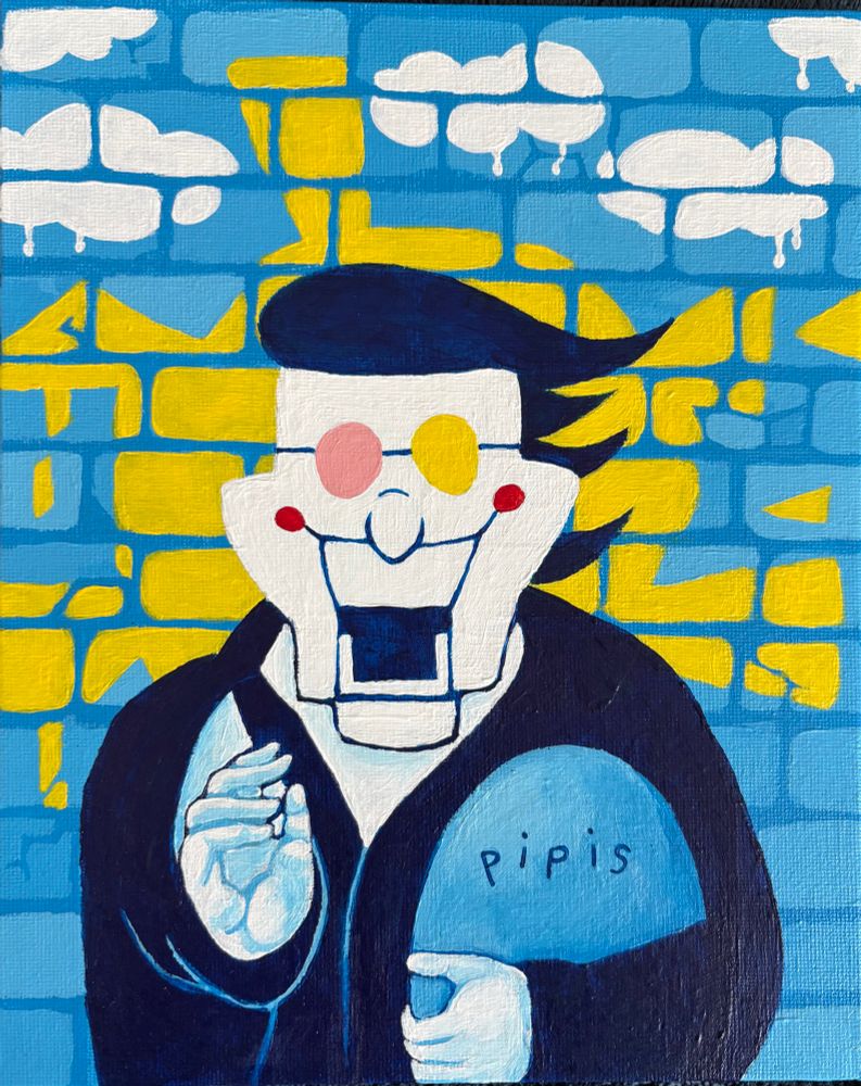 An acrylic painting of Spamton from Deltarune made to imitate a Christ Pantocrator painting. Spamton faces the viewer holding a large pipis under his left arm and making a blessing gesture with his right hand. The background resembles his shop background, with the sun representing a halo behind him. 