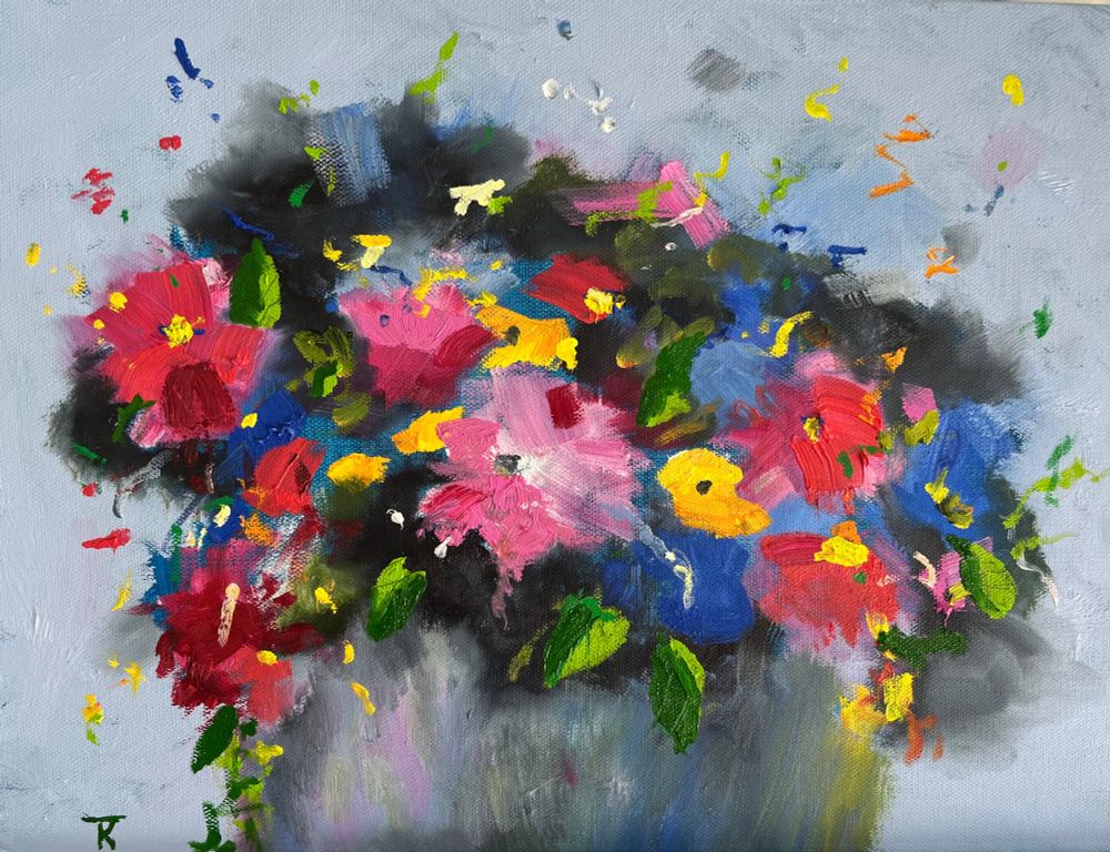 Oil painting of flowers in a vase.