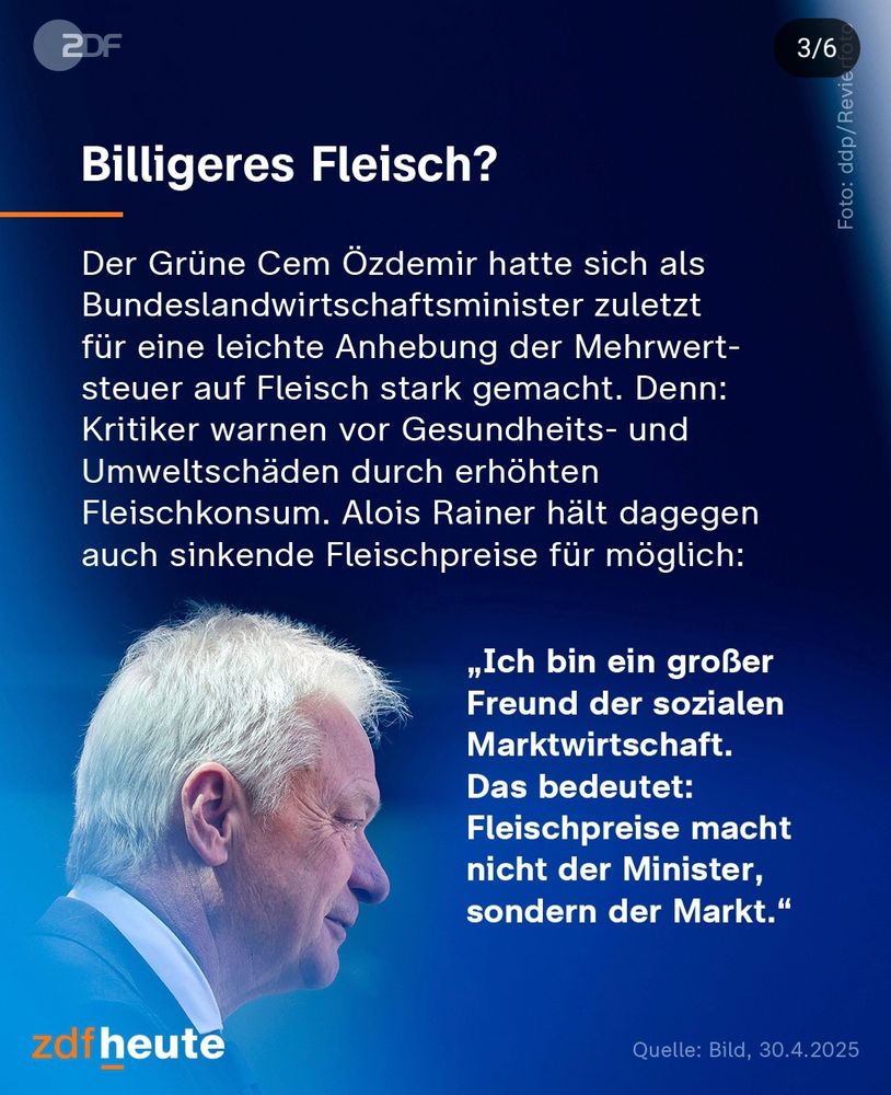 Alois Rainer hält dagegen auch sinkende Fleischpreise für möglich:

„Ich bin ein großer Freund der sozialen Marktwirtschaft. Das bedeutet: Fleischpreise macht nicht der Minister, sondern der Markt."