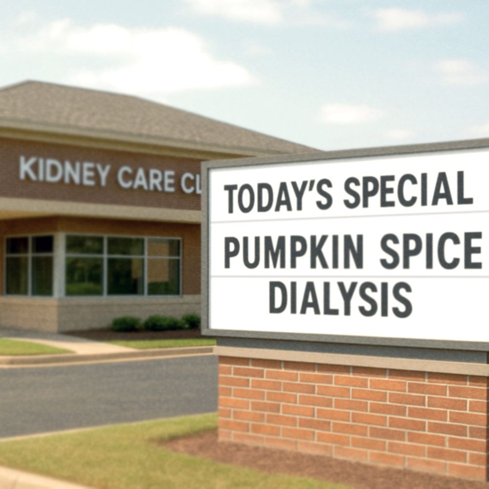 Kidney care clinic with sign reading : today's special pumpkin spice dialysis 