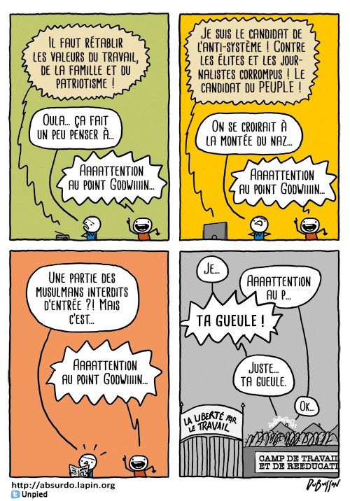 BD en 4 cases:
On suit 2 personnages sur tout le court de la bande déssinée.
1ère case sur fond vert:
Une radio diffuse un message: "Il faut rétablir les valeurs du travail, de la famille et du patriotisme!". Le personnage A réagit: "Oula... ça fait un peu penser à..." et est interrompu par le personnage B, qui arrive énergiquement, doigt levé comme s'il apparaissait soudainement: "Aaaaatention au point Godwiiiin..."
Case suivante sur fond jaune:
A la télévision cette fois: "Je suis le candidat de l'anti-système! Contre les élites et les journalistes corrompus! Le candidat du peuple!" Le personnage A, bras sur les hanches: "On se croirait à la montée du naz..." Interrompu par B dans la même attitude que précédemment: "Aaaatention au point Godwiiiiin..."
Case suivante sur fond orange: A lis le journal et s'étonne: "Une partie des musulmans interdits d'entrée ?! Mais c'est..." interrompu par B dans la même attitude que précédemment: "Aaaattention au point Godwiiiin...".
Dernière case. Il n'y a plus de couleur. On ne voit plus les personnages. On ne voit que le mur d'un "Camp de travail et de rééducation", surmonté de barbelés, ainsi que le portail d'entrée du camp surmonté par une pancarte où est inscrit "La liberté par le travail". Le dialogue entre les personnages passe au dessus du mur:
A: "Je..."
interrompu par B: "Aaaattention au P..."
Cette fois interrompu par A: en lettres capitales: "TA GUEULE!" puis "Juste... Ta gueule."
B: "OK..."