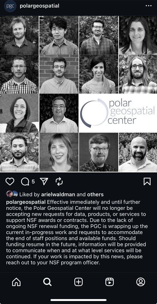 Instagram post from the Polar Geospatial Center about how they have to shut down. The photos at the top are black and white, organized in a grid, with Instagram post below.