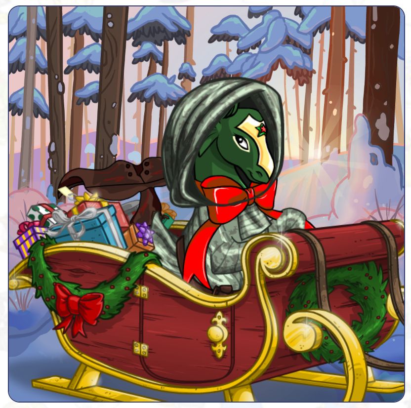A Christmas Peophin (an underwater horse Neopet species) is in an open sleigh filled with presents in a snowy forest. She is wearing a big hood and a big red bow.