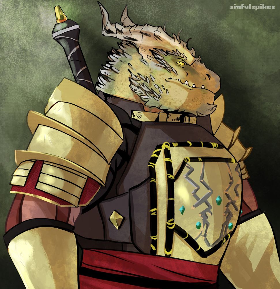 Digital artwork of a brass dragonborn with yellow eye and gray-green scales. He wears a heavy holden armor golden, with red elements and brown underparts.