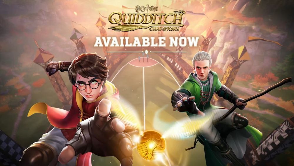 Harry Potter: Quidditch Champions is AVAILABLE NOW! Cover art presenting Harry Potter and Draco Malfoy on their brooms reaching out for the golden snitch to win the game.