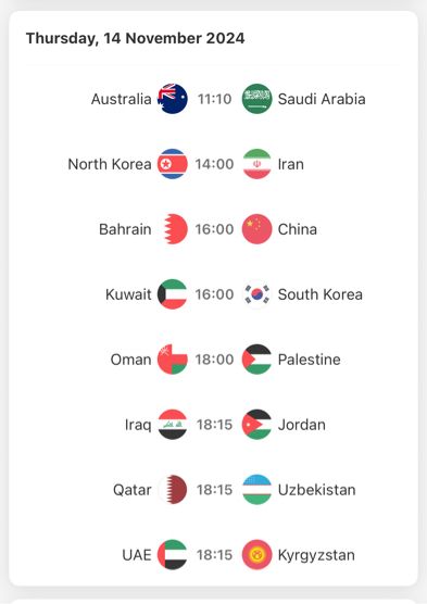 All Asian Qualifiers fixtures of November 13, 2024.