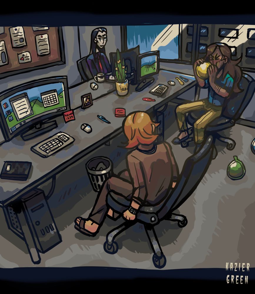 Confusing perspective , a scene of a trio of office workers sitting in front of their pcs , one of them, dean, is being a menace and blowing balloons and throwing them all over the floor for some reason or another. Nat in the background looks like hes working at least. Alec in the front is distracted from his work by dean next to him.